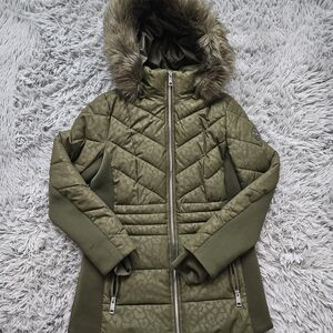 Michael Kors Olive Puffer Jacket with Faux Fur Hood